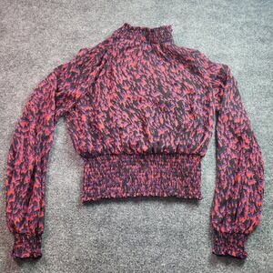 Express Womens Small Abstract Animal Print Smocked Mock Neck Blouse Red Purple